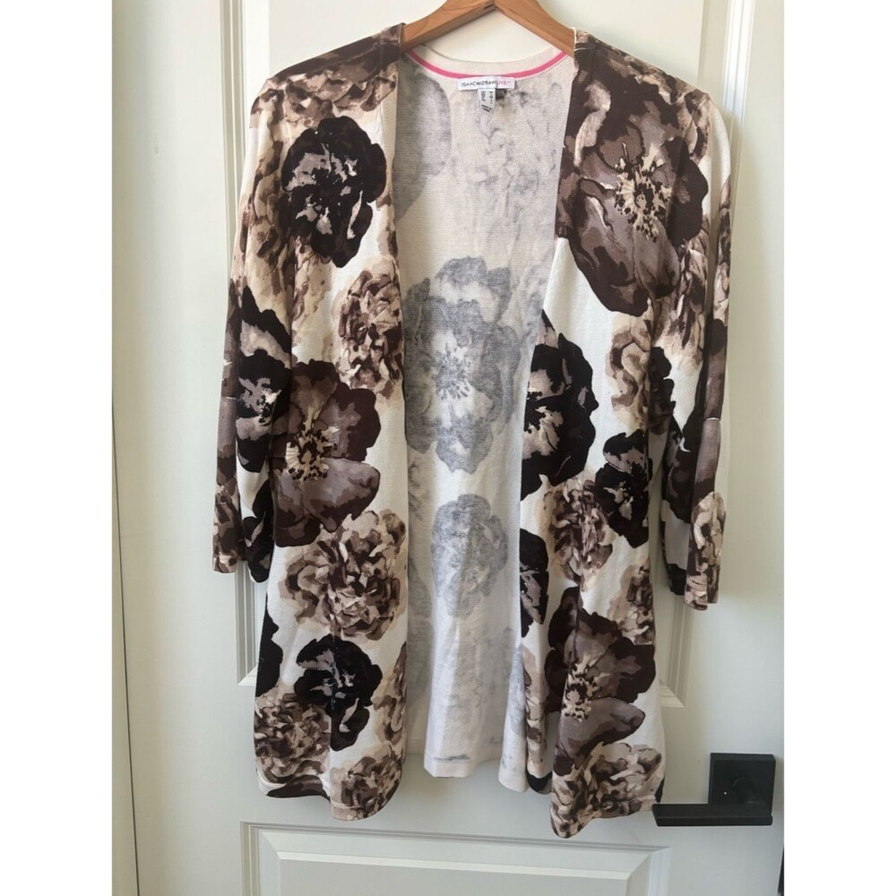 Isaac Mizrahi Neutral Floral Button Cardigan V-neck 3/4 Sleeves. Size medium.